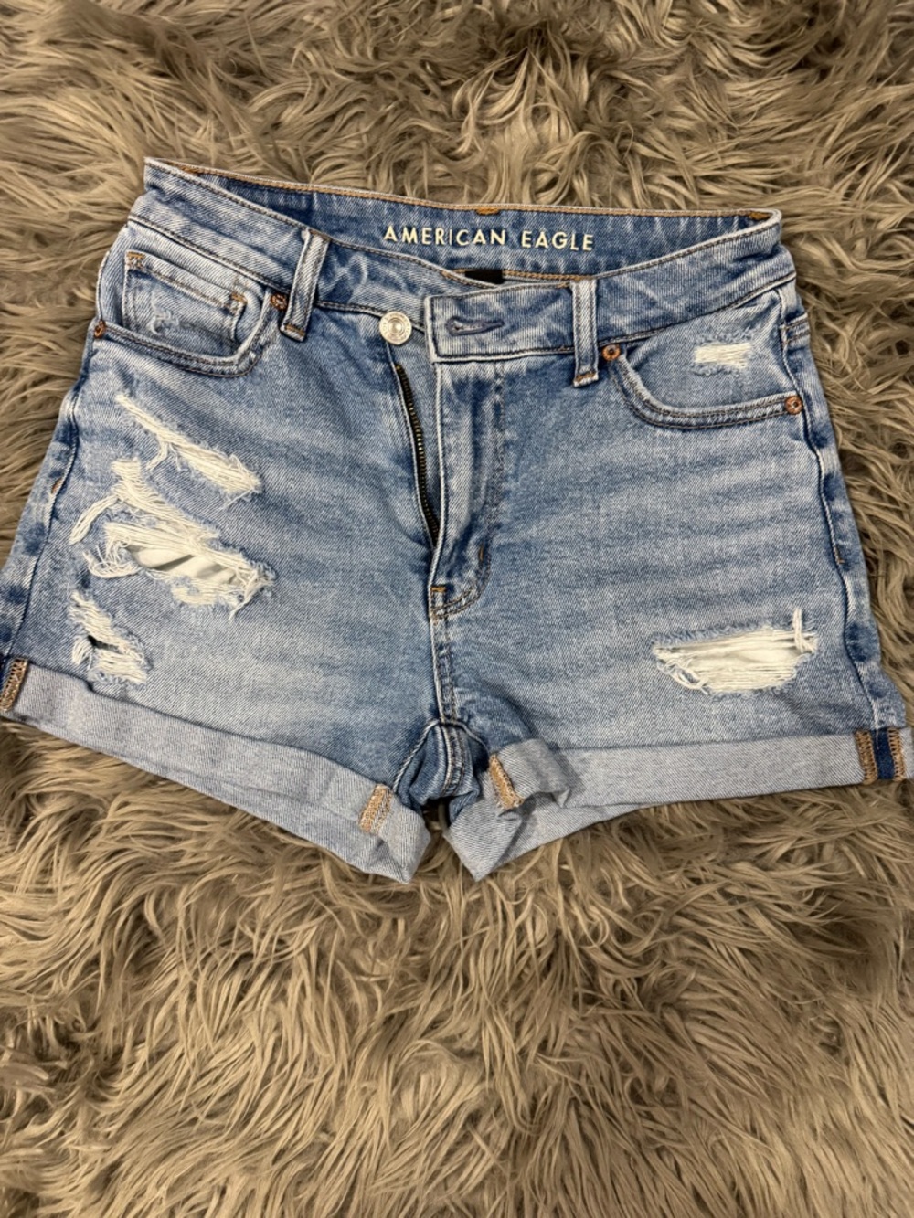 American Eagle Outfitters Light Wash Distressed Denim Roll-Cuff Mom Shorts